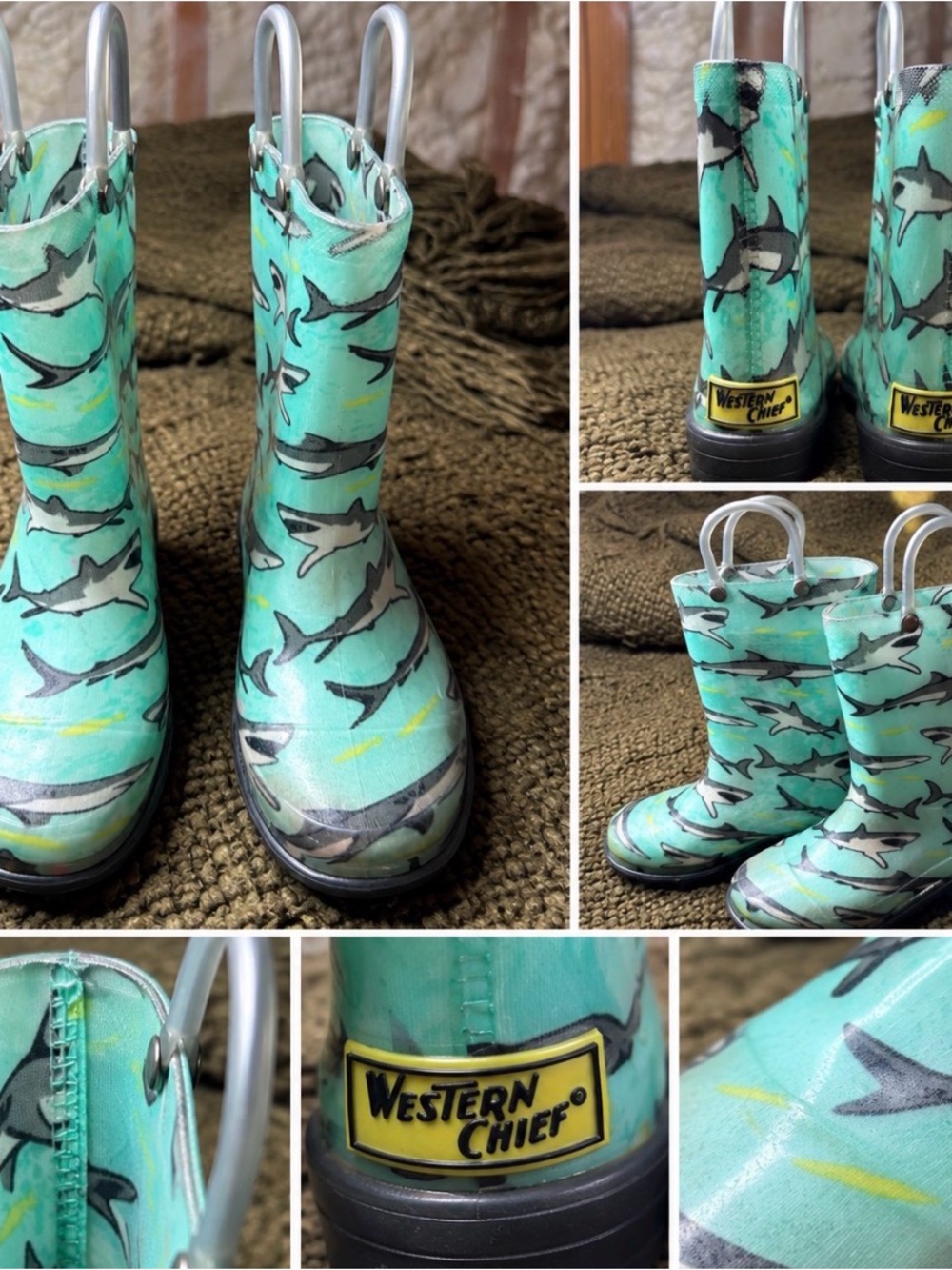 Western Chief Teal Shark Print Kids Rain Boots